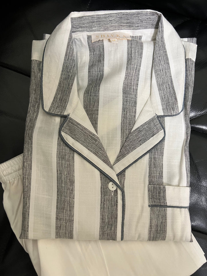 Grey and White Cotton Night Suit - Set of Two