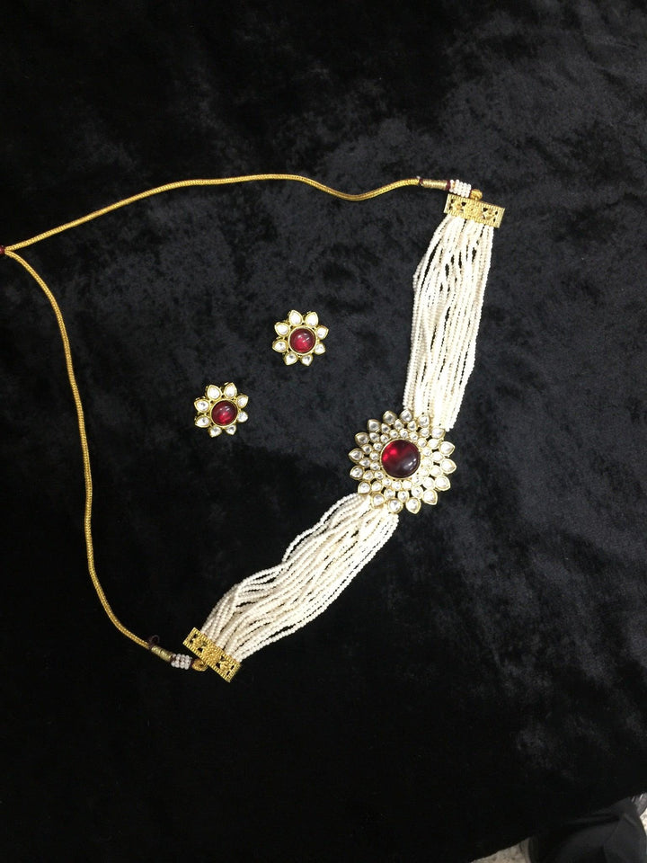 Red Kundan and Pearl Choker with Earrings - SHIVKA