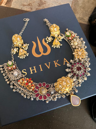 One of a Kind Designer Dual Tone Necklace with Kundan Earrings - SHIVKA