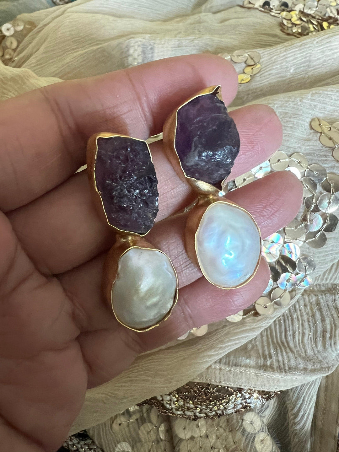 Raw Amethyst Baroque Pearls Studs - SHIVKA