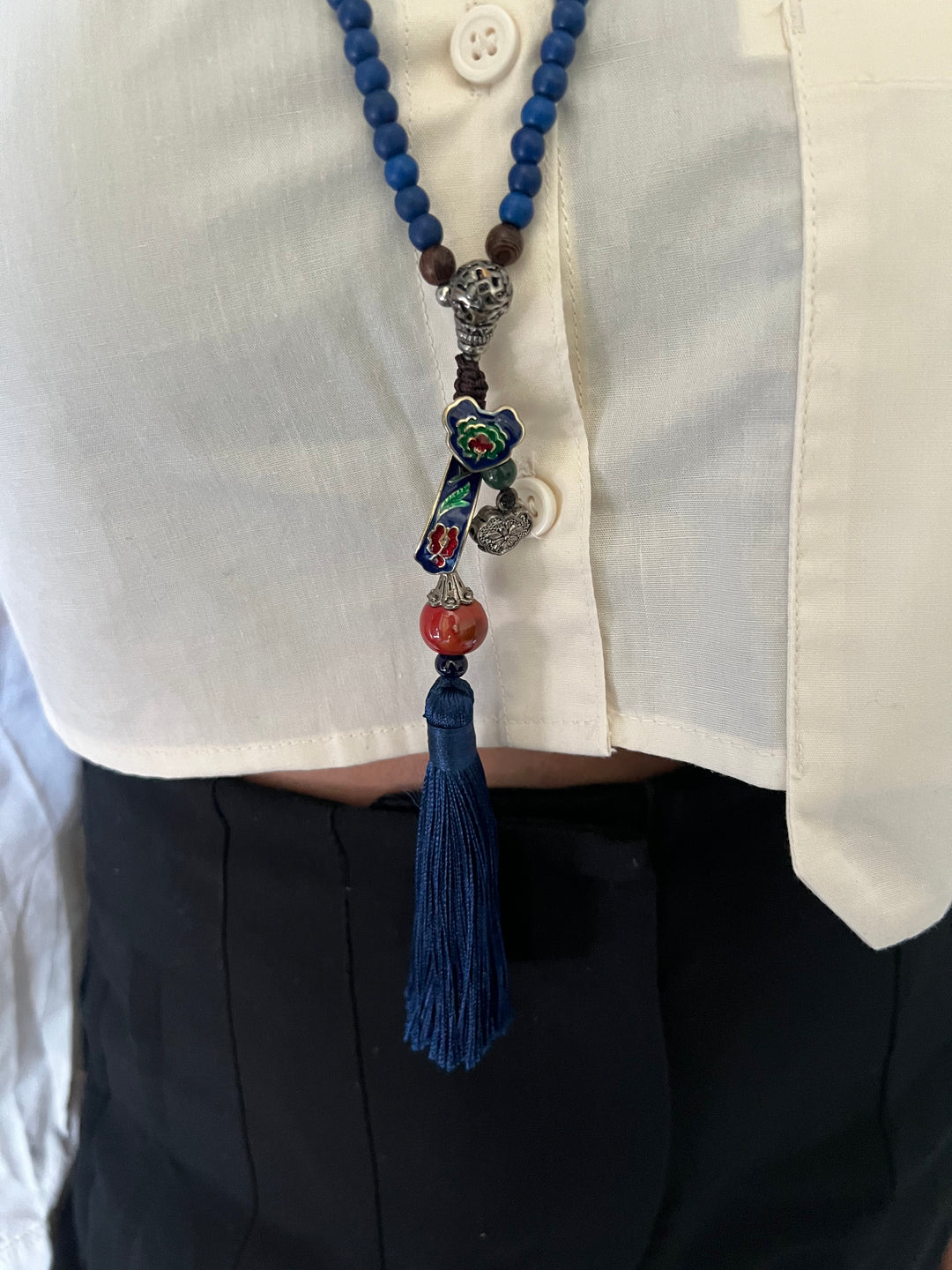 Vintage Look Enameled Pendant Necklace/ Beaded Necklace