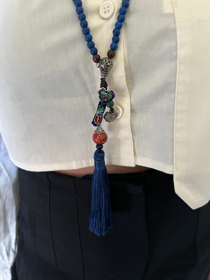 Vintage Look Enameled Pendant Necklace/ Beaded Necklace