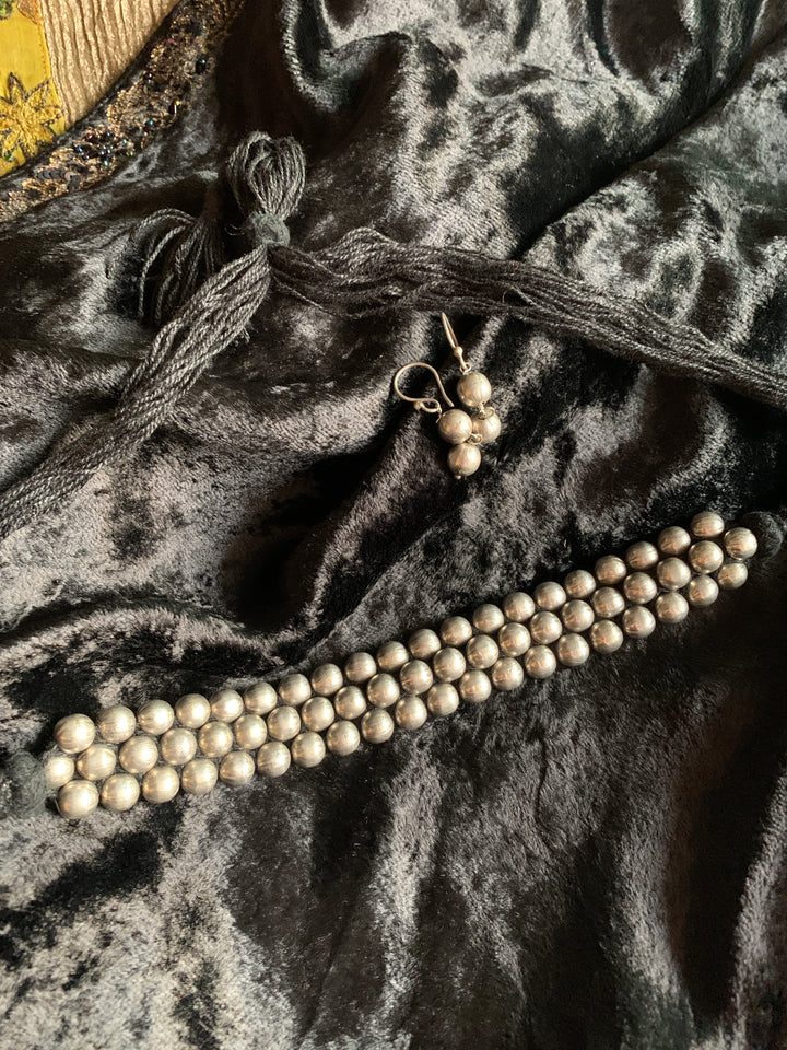 Classic Silver Beads Choker with Earrings