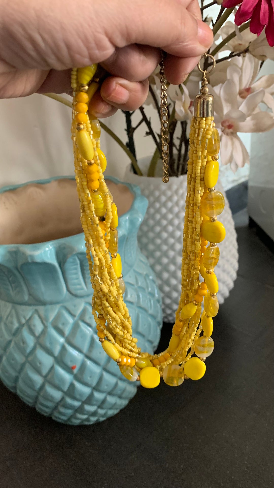 Beautiful Yellow Beaded Necklace with Hammered Disc Studs