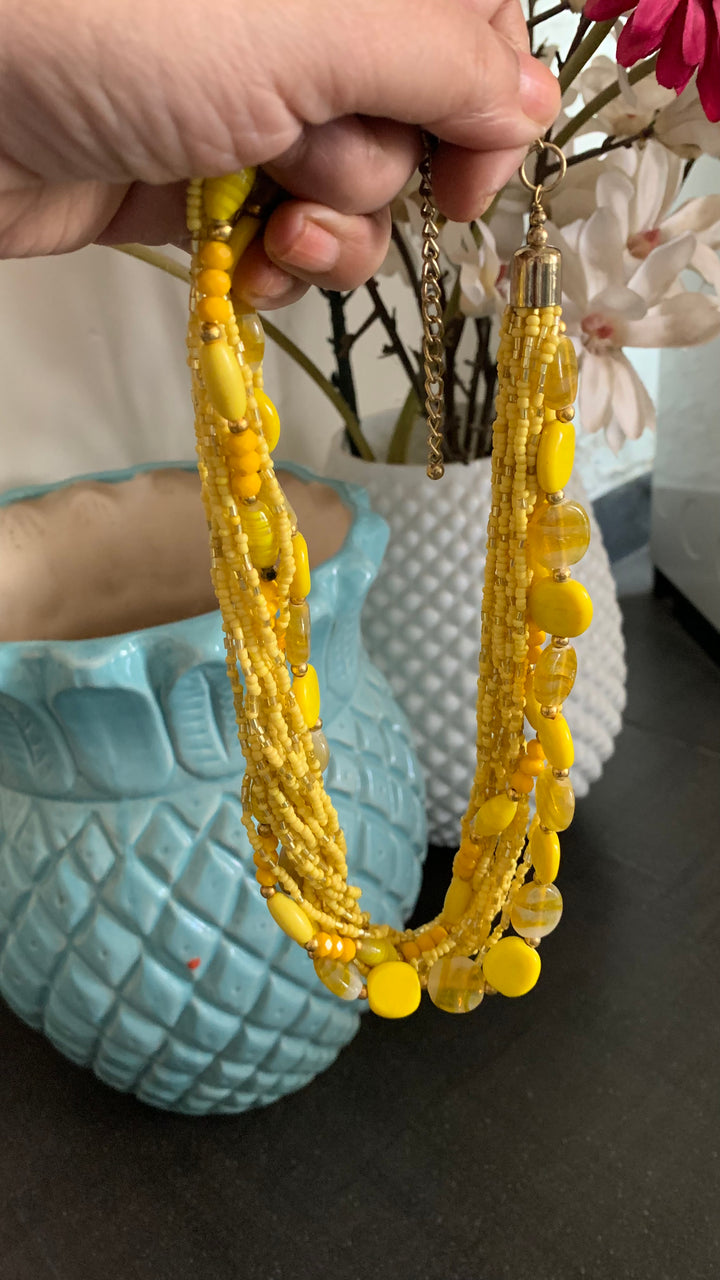 Beautiful Yellow Beaded Necklace with Hammered Disc Studs