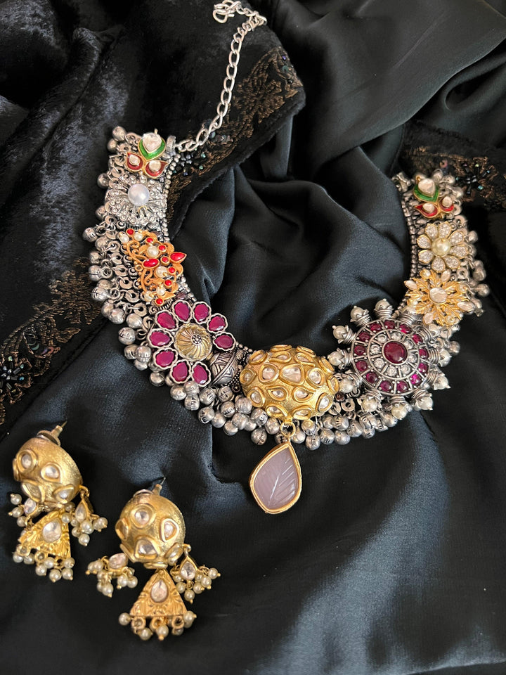 One of a Kind Designer Dual Tone Necklace with Kundan Earrings - SHIVKA
