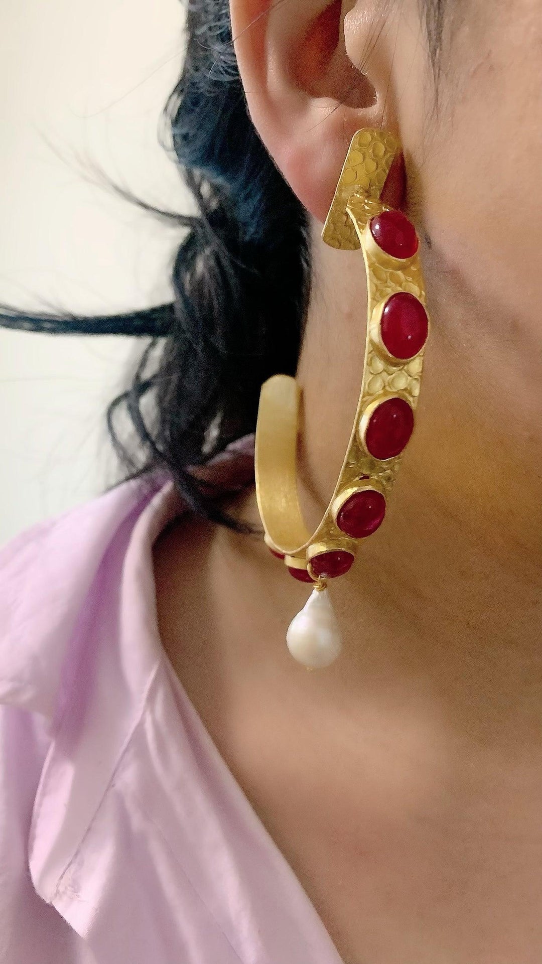 Natural Gemstones Pearl Drop Designer Hoops - SHIVKA