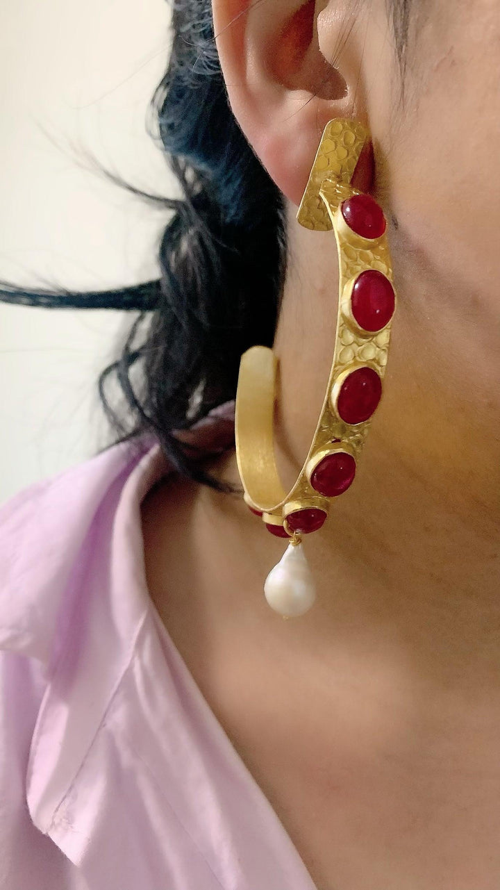 Natural Gemstones Pearl Drop Designer Hoops - SHIVKA