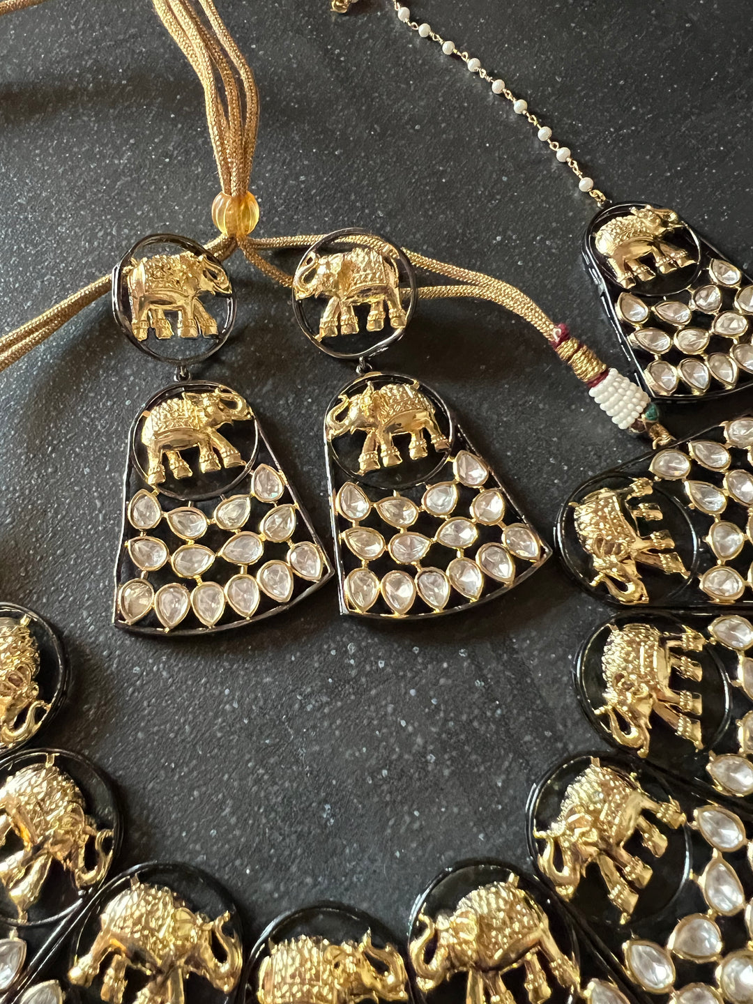 Statement Dual Tone Elephant Necklace with Earrings and Mangtikka