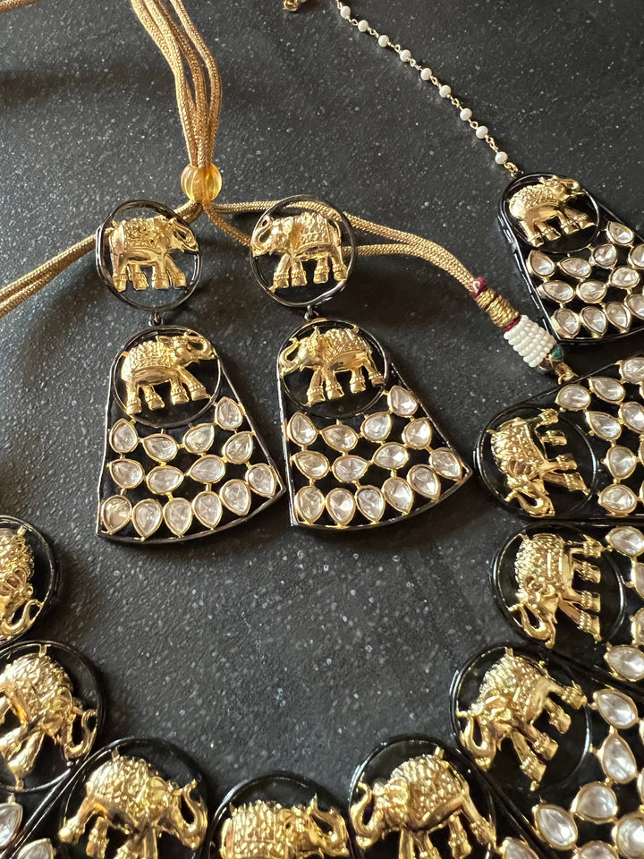 Statement Dual Tone Elephant Necklace with Earrings and Mangtikka
