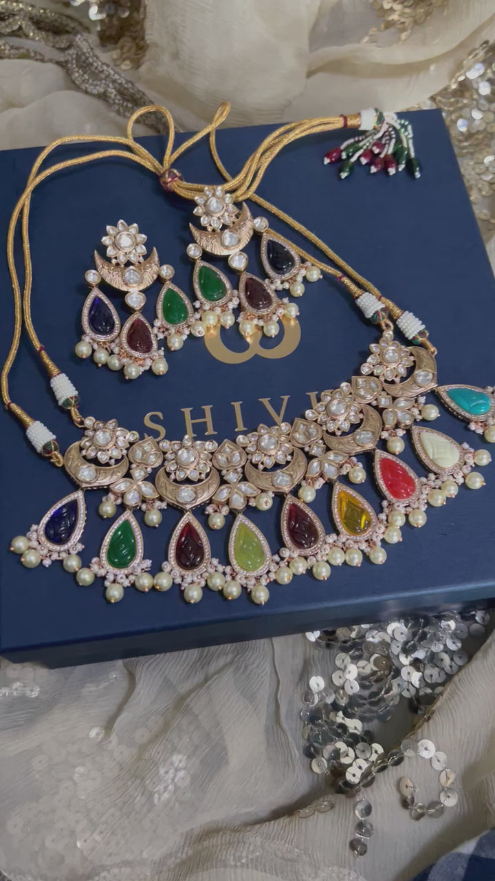 Multicoloured Bridal Kundan Choker Necklace with Earrings