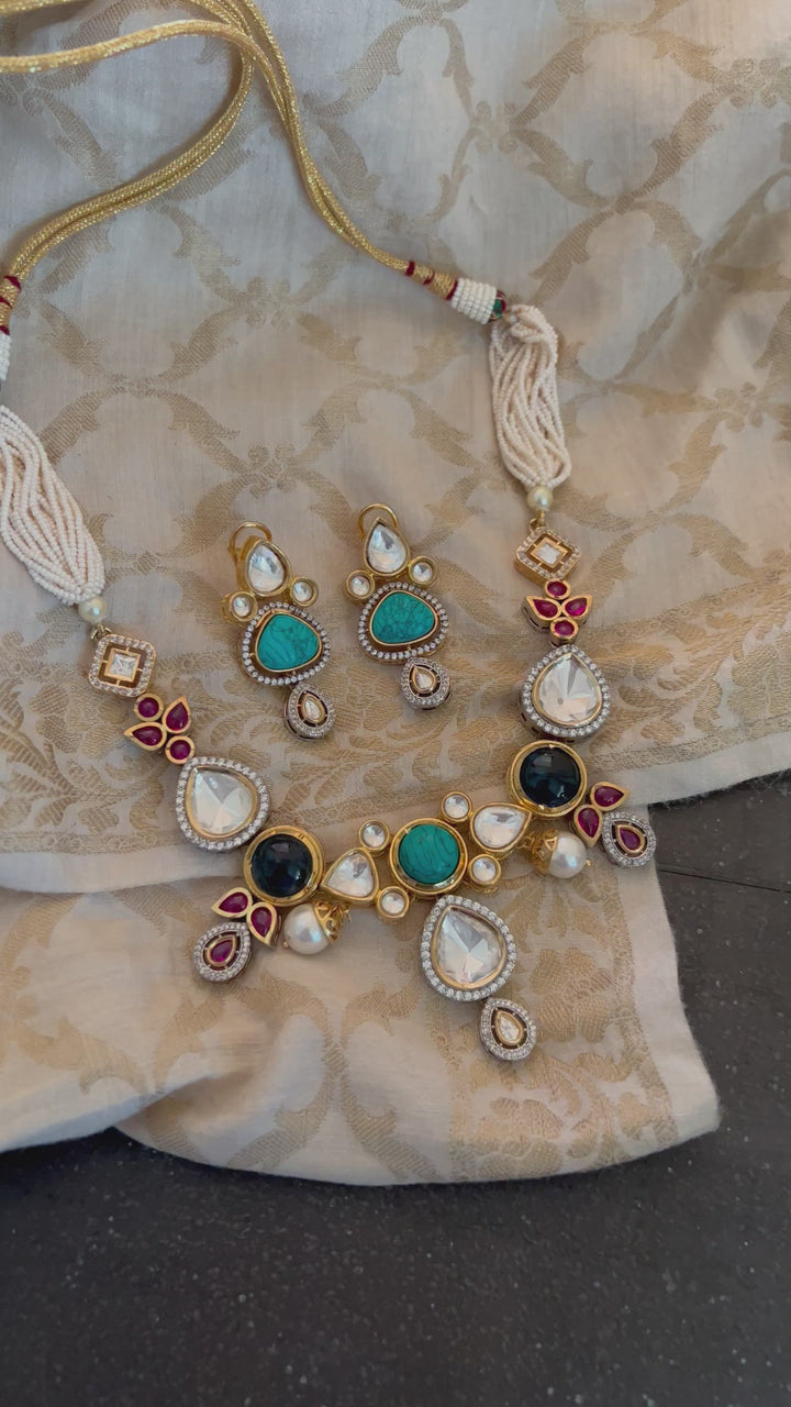 Scintillating Multicolored  Kundan Necklace with Statement Jhumka Earrings