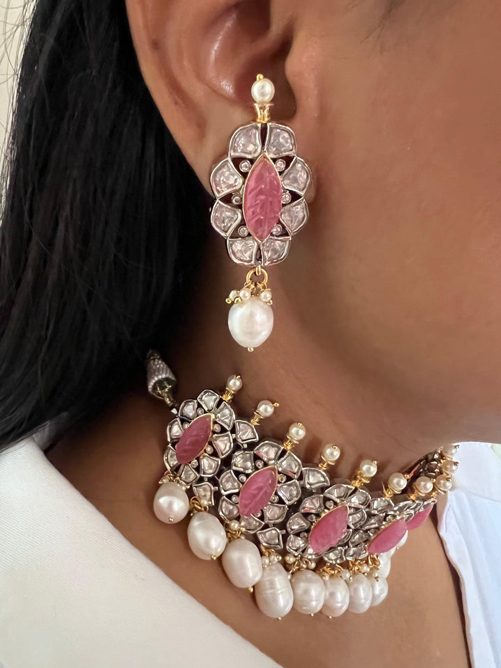Scintillating Pink Kundan Choker with Earrings - SHIVKA