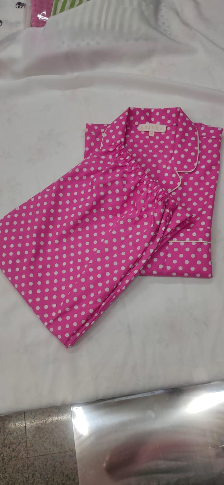 Pink Polka Cotton Night Suit - SHIVKA