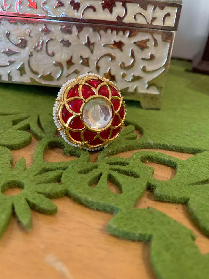 Red Kundan Revolving Ring - SHIVKA