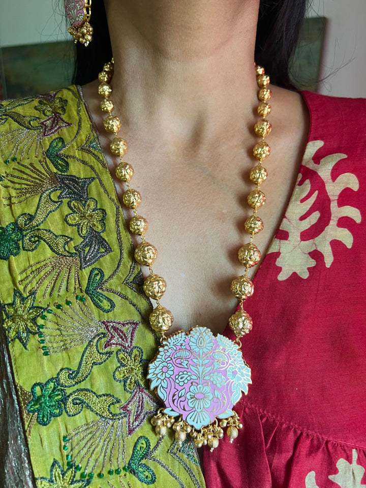Pink & Gold Traditional Long Necklace with Earrings