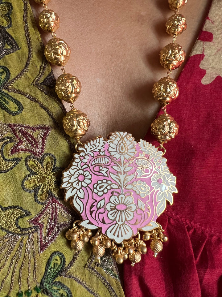Pink & Gold Traditional Long Necklace with Earrings