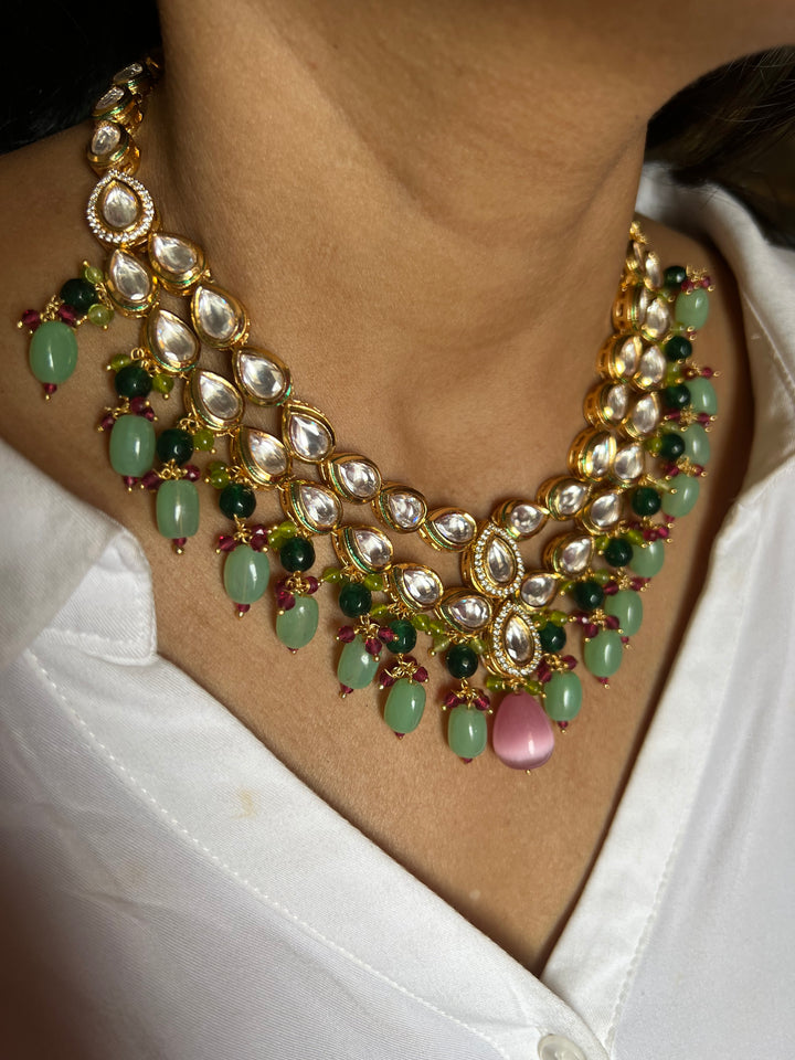 Gorgeous Two Layered Kundan Necklace with Earrings