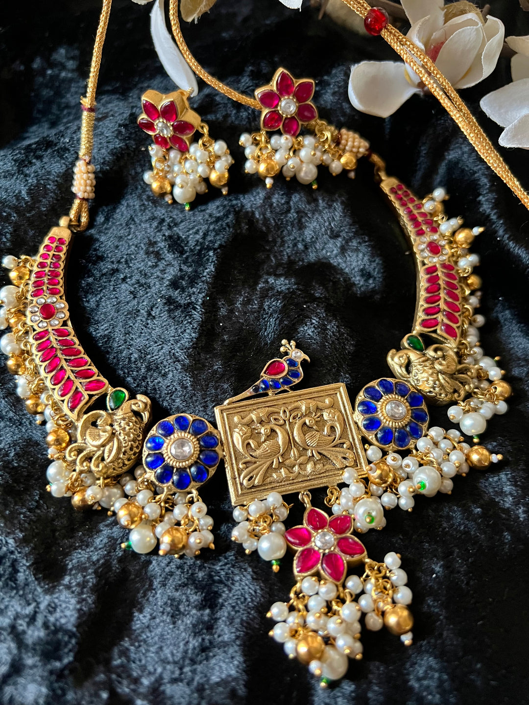 Designer Wedding Necklace with Kundan Earrings/ Antique Kempu Mayura Necklace