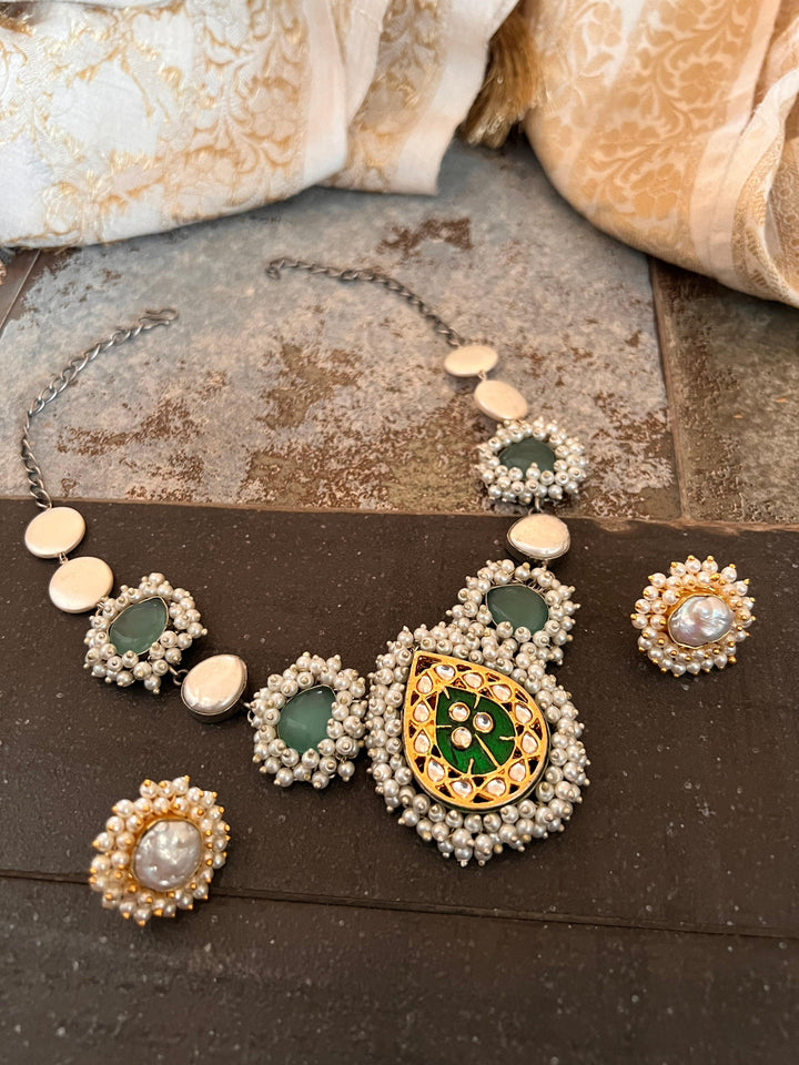 Statement Sea Green and Pearl Short Necklace with Baroque Studs - SHIVKA