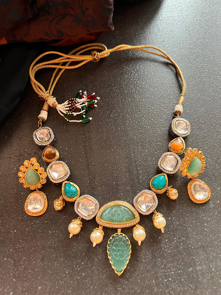 Scintillating Multicolored  Kundan Necklace with Statement Earrings - SHIVKA