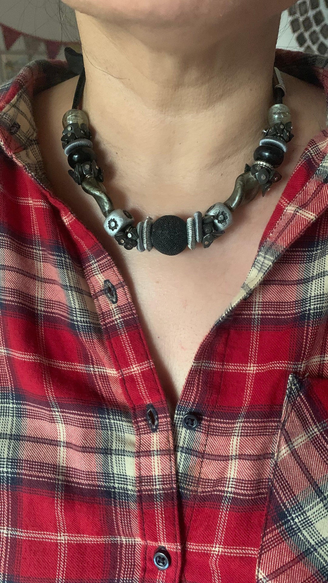 Statement Black and Silver Necklace with Antique Studs - SHIVKA