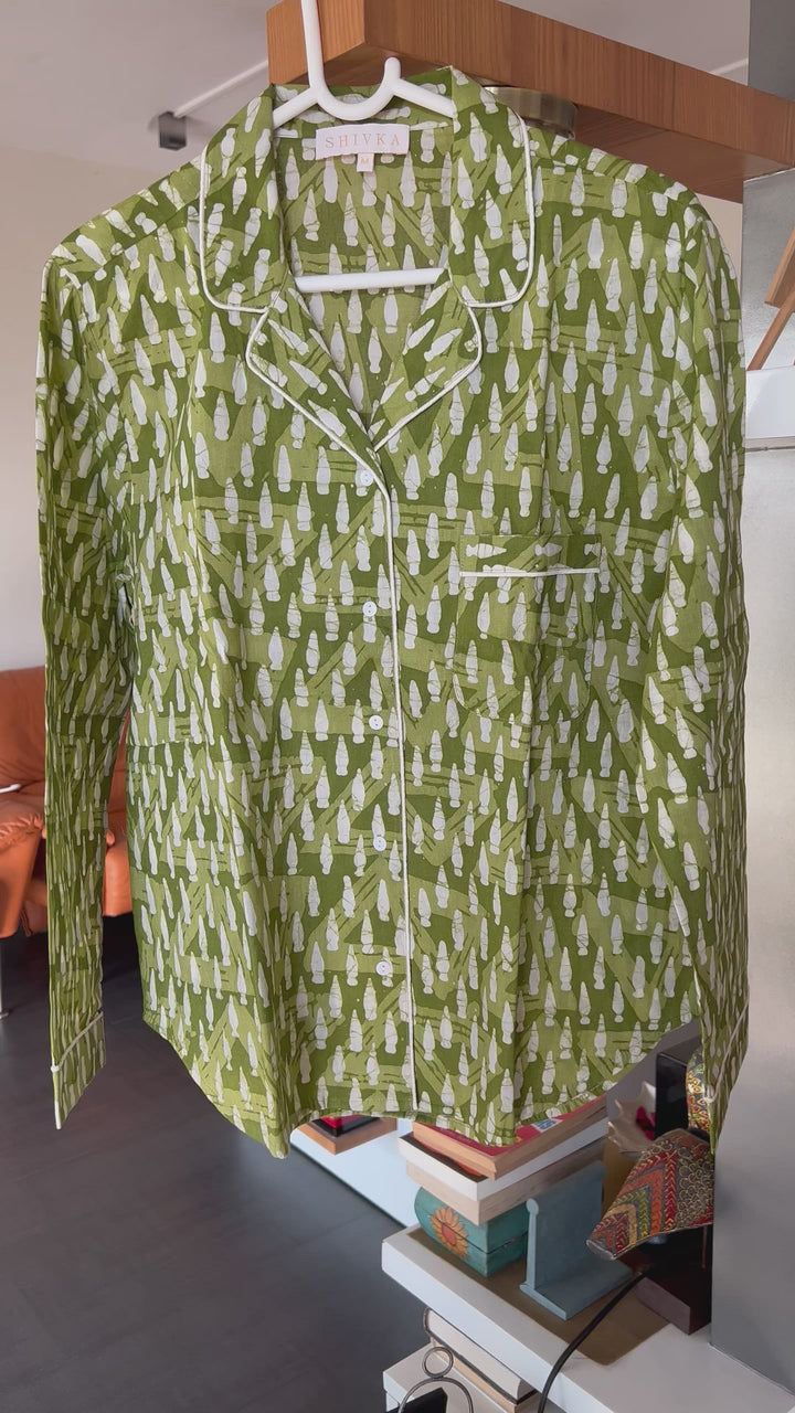 Olive Green Print Cotton Night Suit