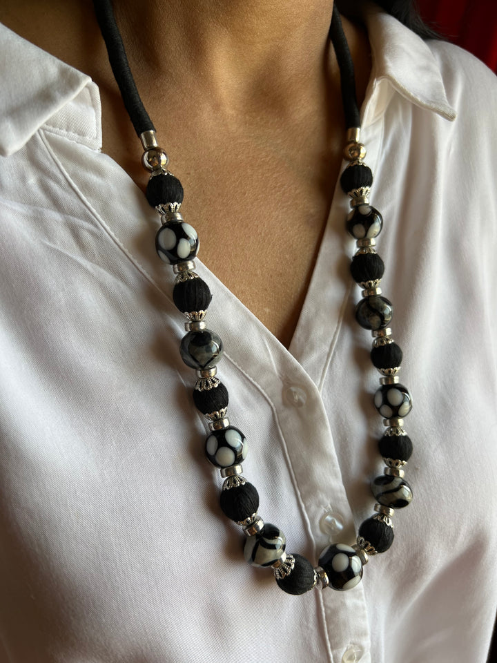 Black and Silver Beaded Necklace with Statement Earrings