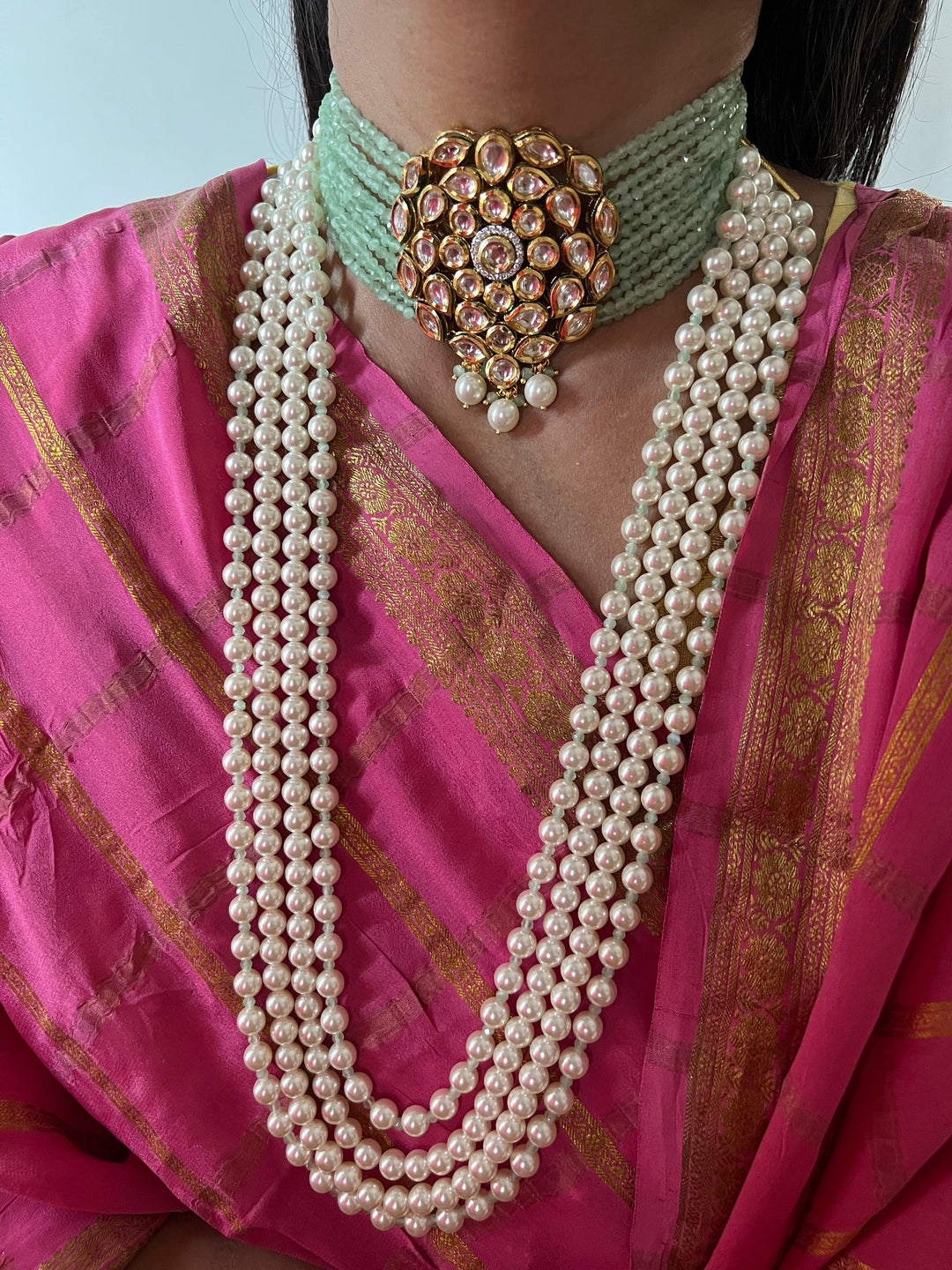 Kundan Choker and Pearl necklace Combo  with Earrings - SHIVKA