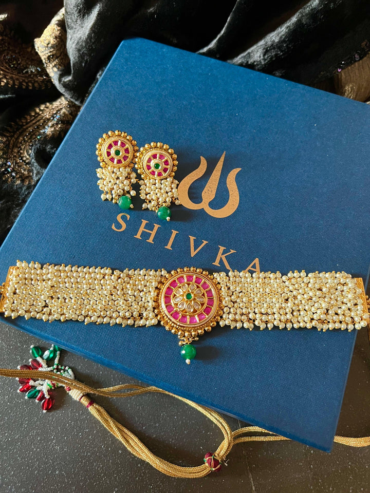 Statement Kundan and Pearl Choker with Earrings - SHIVKA