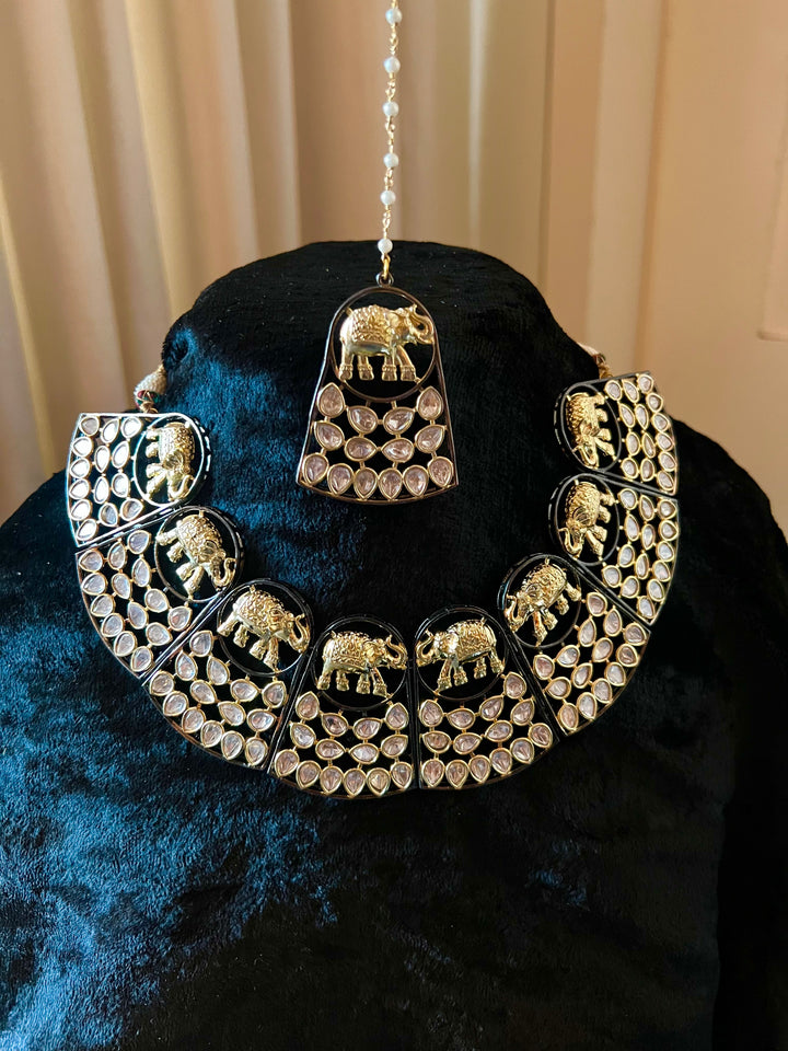Statement Dual Tone Elephant Necklace with Earrings and Mangtikka