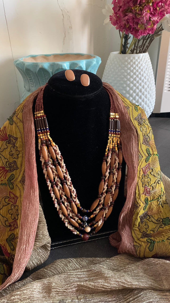 Vintage Beaded Necklace with Statement Stone Studs - SHIVKA