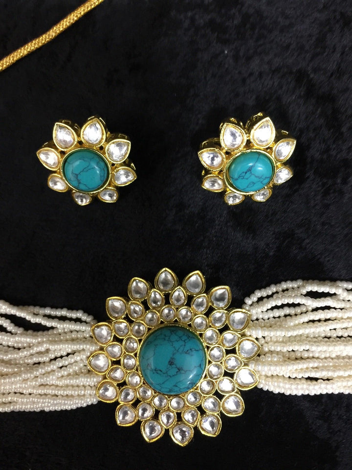 Turquoise Kundan and Pearl Choker with Earrings - SHIVKA
