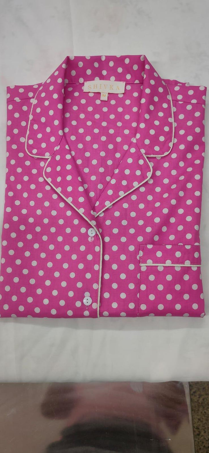 Pink Polka Cotton Night Suit - SHIVKA