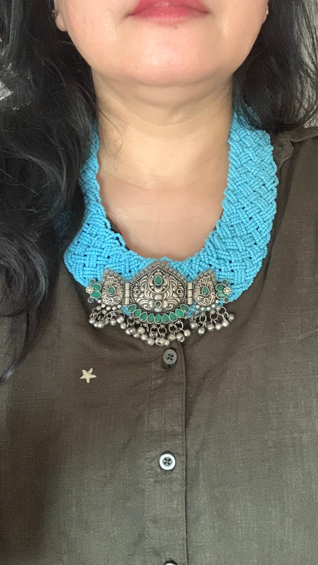 Designer Blue Beaded Antique Pendant Necklace with Earrings