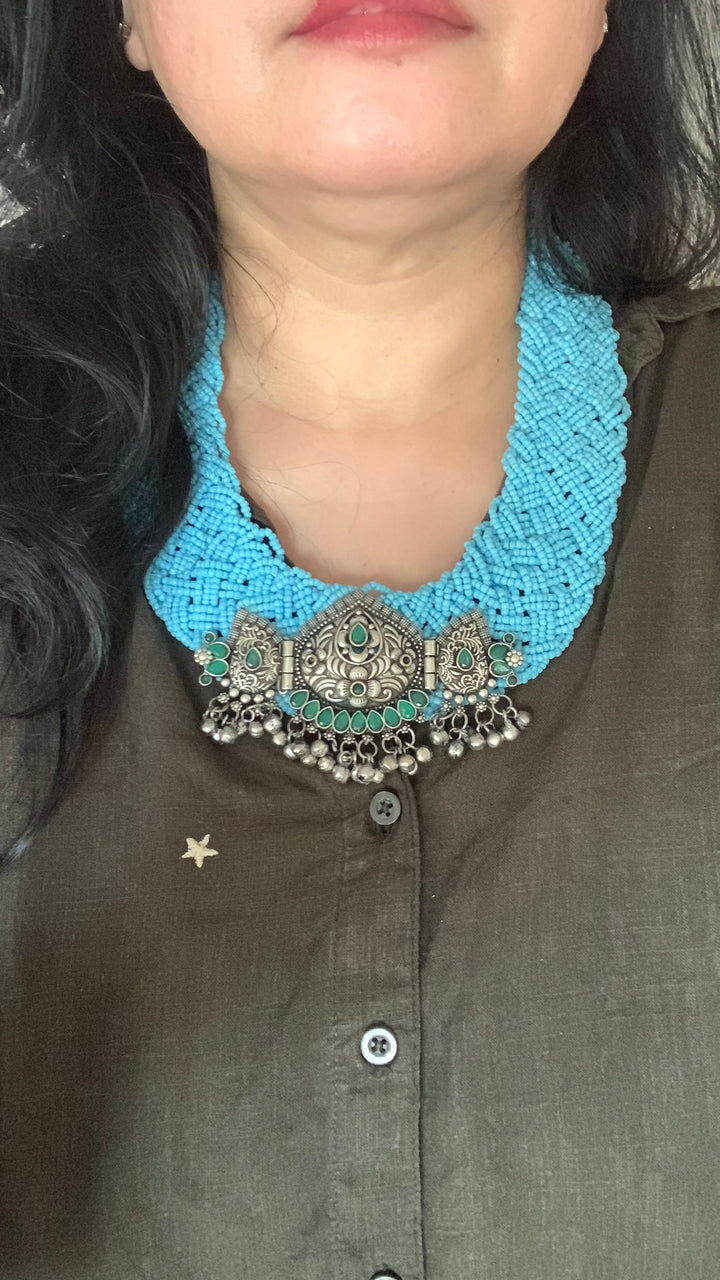 Designer Blue Beaded Antique Pendant Necklace with Earrings