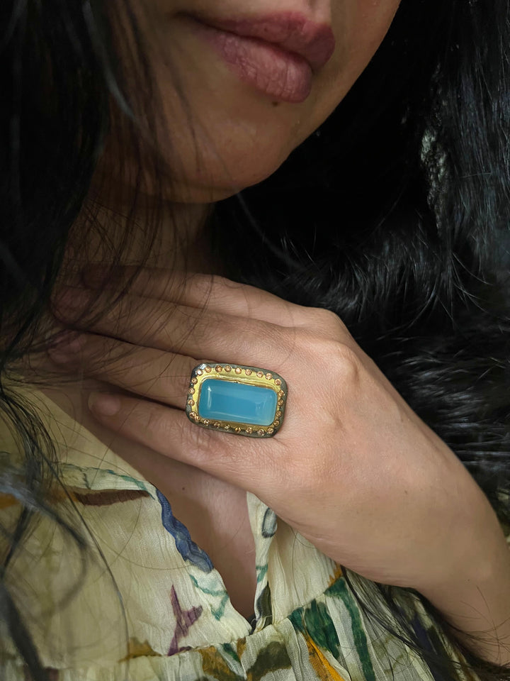 Natural Chalcedony Stone Adjustable Gold-Plated Ring | Statement Ring by SHIVKA
