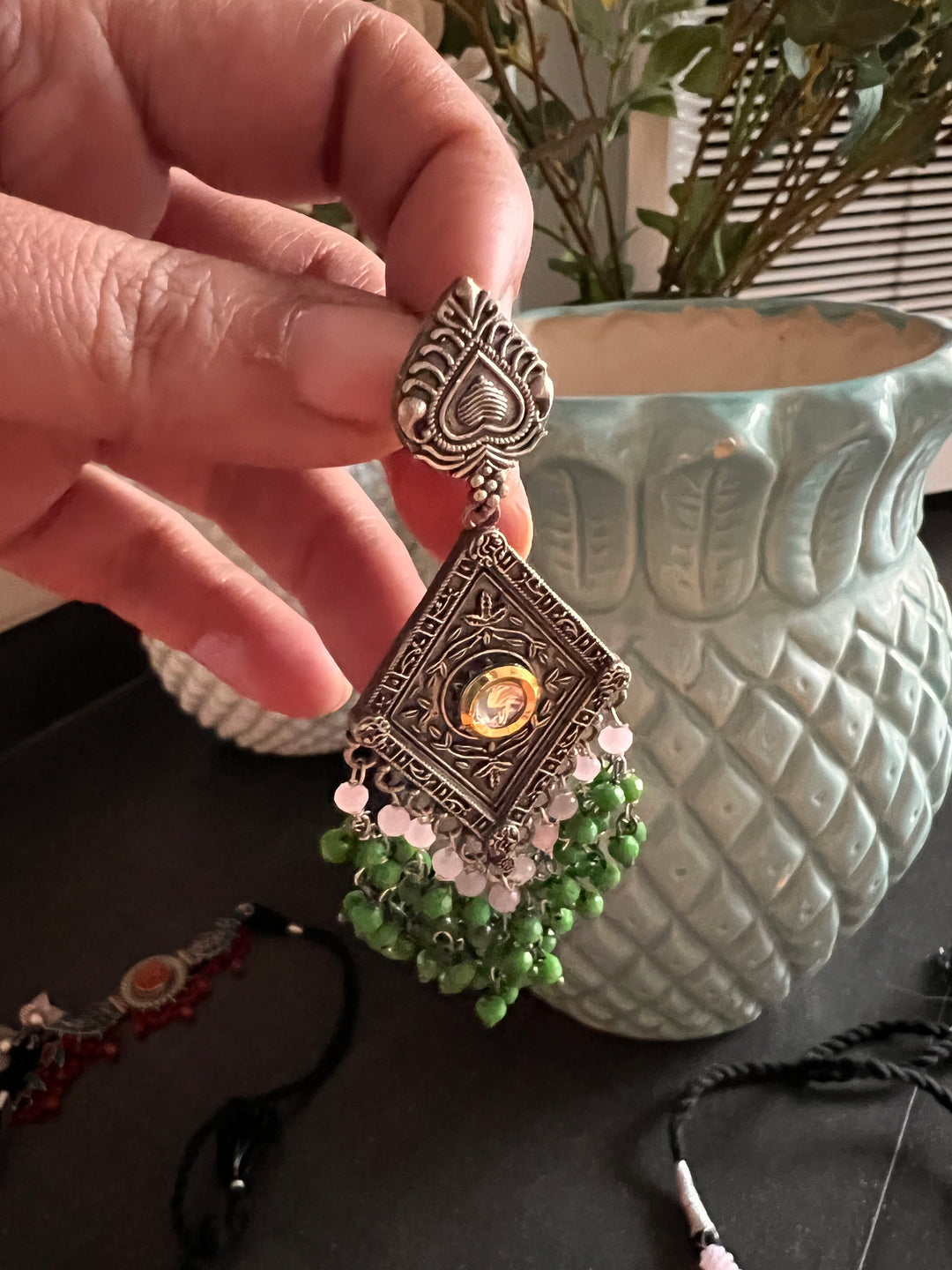 Beautiful Green and Pink Pendant Necklace with Statement Earrings