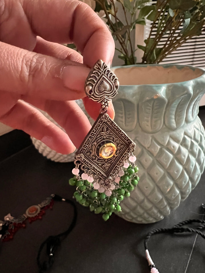 Beautiful Green and Pink Pendant Necklace with Statement Earrings