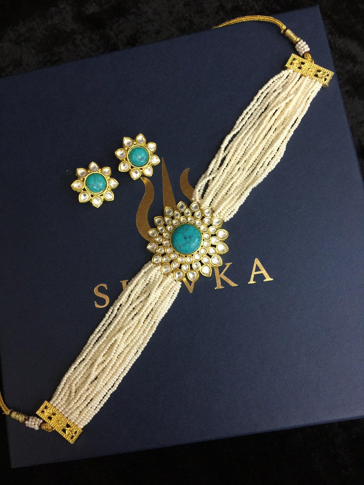 Turquoise Kundan and Pearl Choker with Earrings - SHIVKA