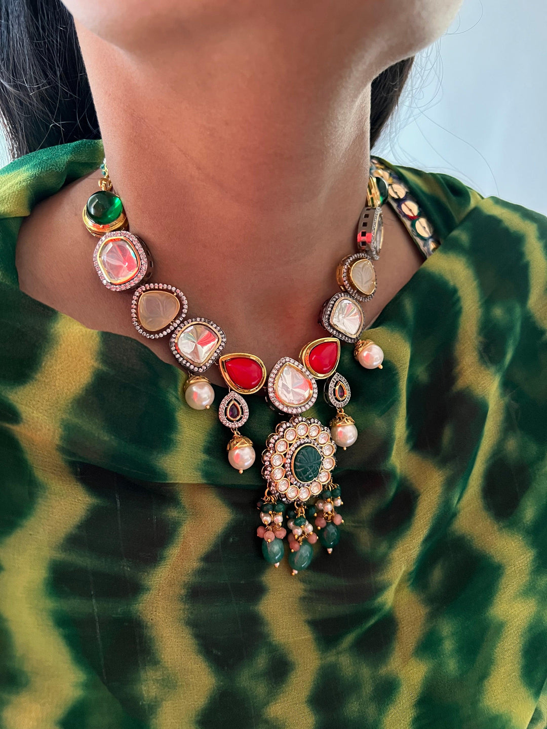 Scintillating Multicolored  Kundan Necklace with Statement Jhumka Earrings - SHIVKA