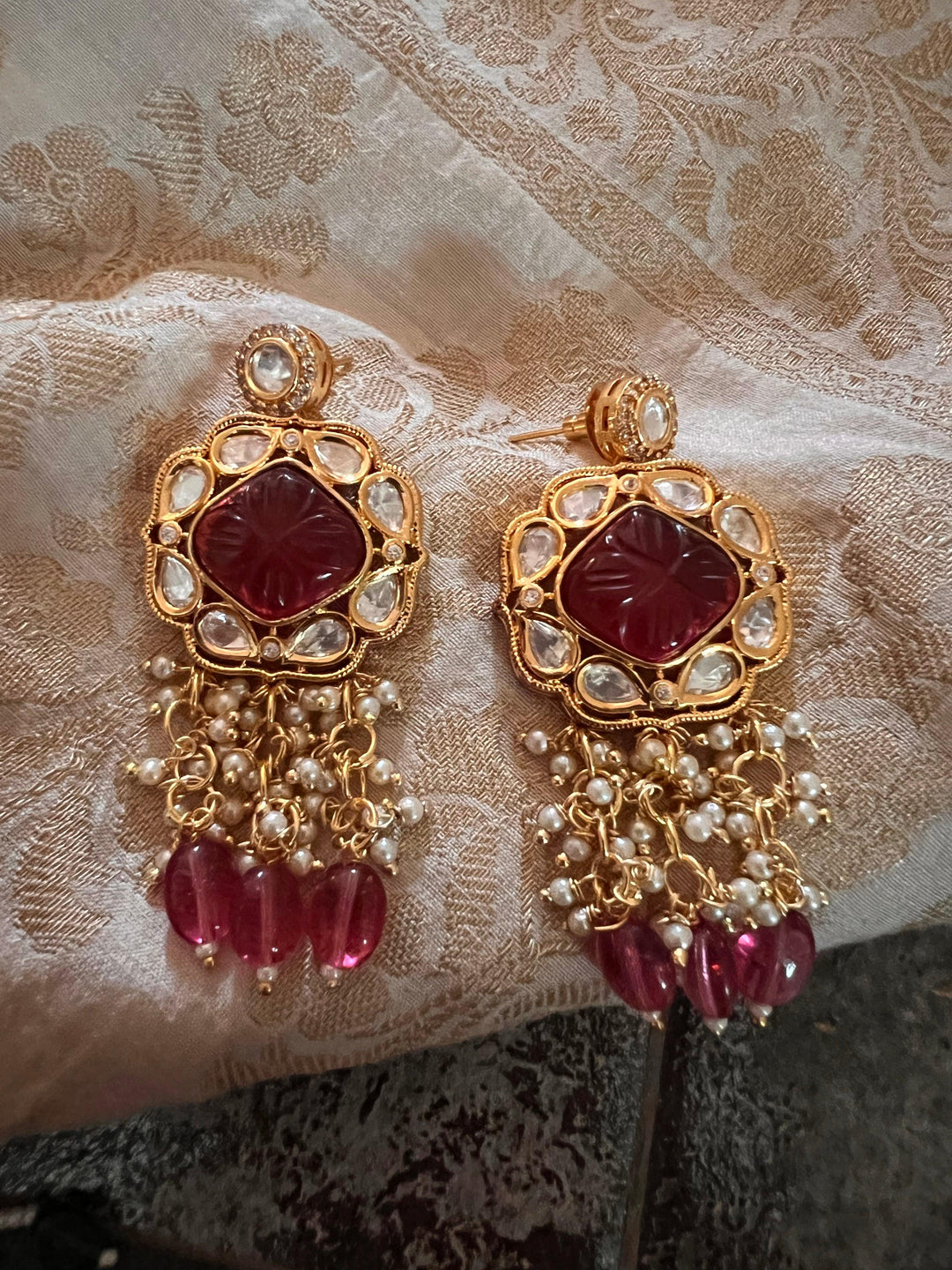 Gorgeous Carved Stone Kundan Choker with Earrings - SHIVKA