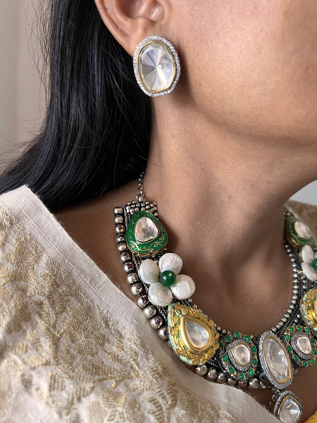 Designer Dual Tone Necklace with Kundan Earrings