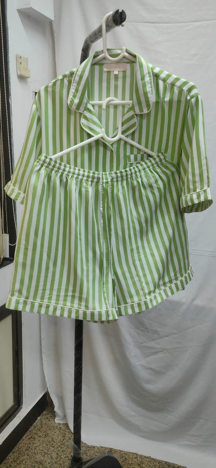 Striped Green Cotton Night Suit - Set of Two - SHIVKA