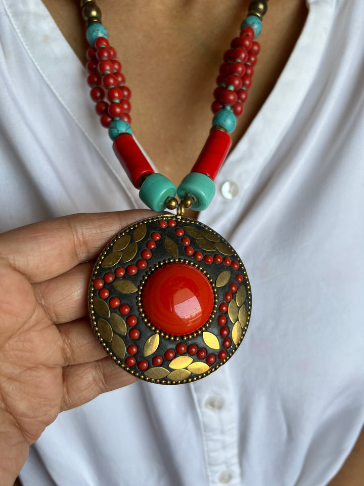 Coral And Turquoise Pendant Necklace