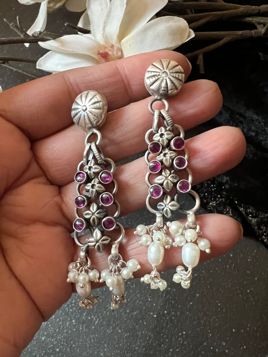 Vintage Jaipur Sterling Silver & Pink Stone Necklace Set | Pure 925 Silver