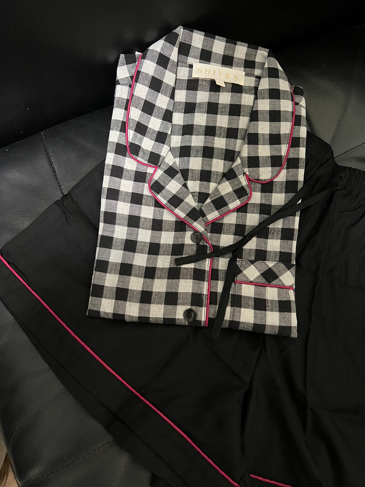 Checkered Black and White Cotton Night Suit - Set of Two