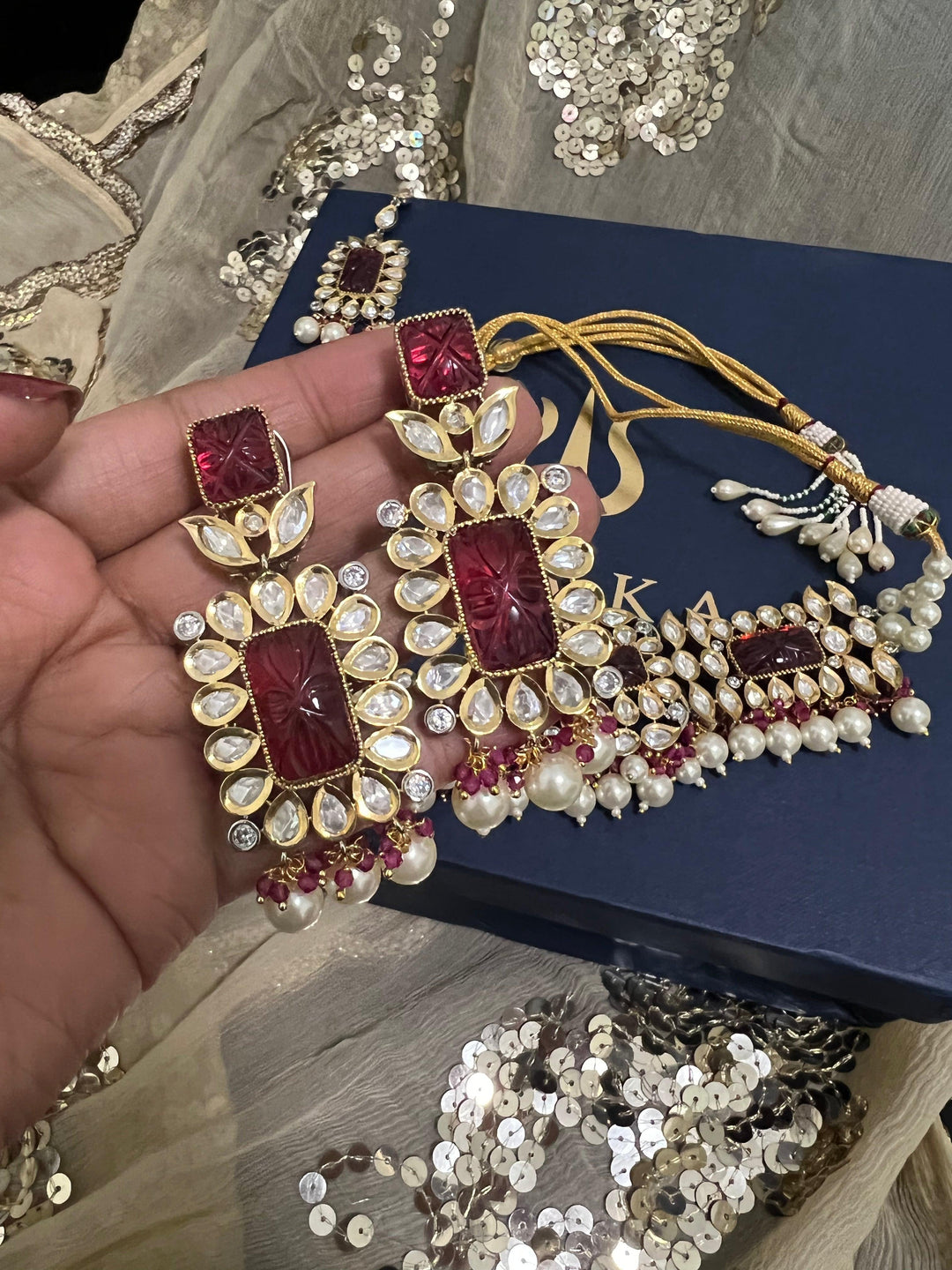 Gorgeous Carved Stone Kundan Choker with Earrings and Maangtikka - SHIVKA