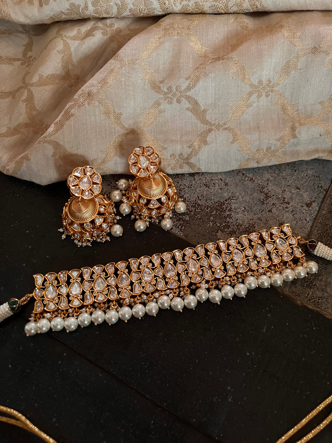 Beautiful Pearls and Kundan Choker with Statement Jhumka Earrings