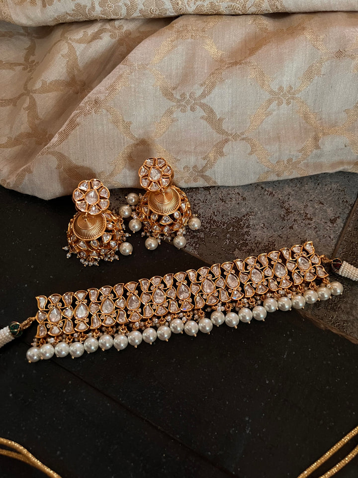 Beautiful Pearls and Kundan Choker with Statement Jhumka Earrings